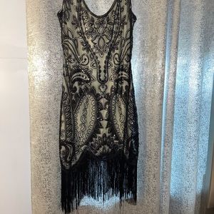 Black and nude sparkly flapper dress